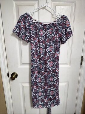 Michael Kors Navy, Coral and White Off-Shoulder Floral Tile Midi Dress